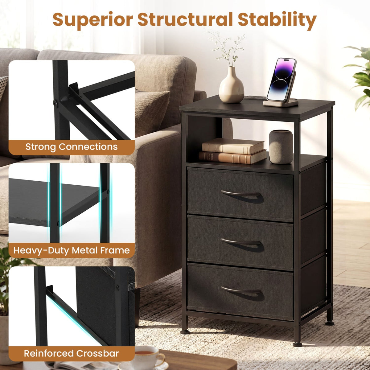 Nightstand with Charging Station 27.5 inch Modern Bedside Table with 3 Fabric Drawers-Black-Nightstands-DECOROLALA