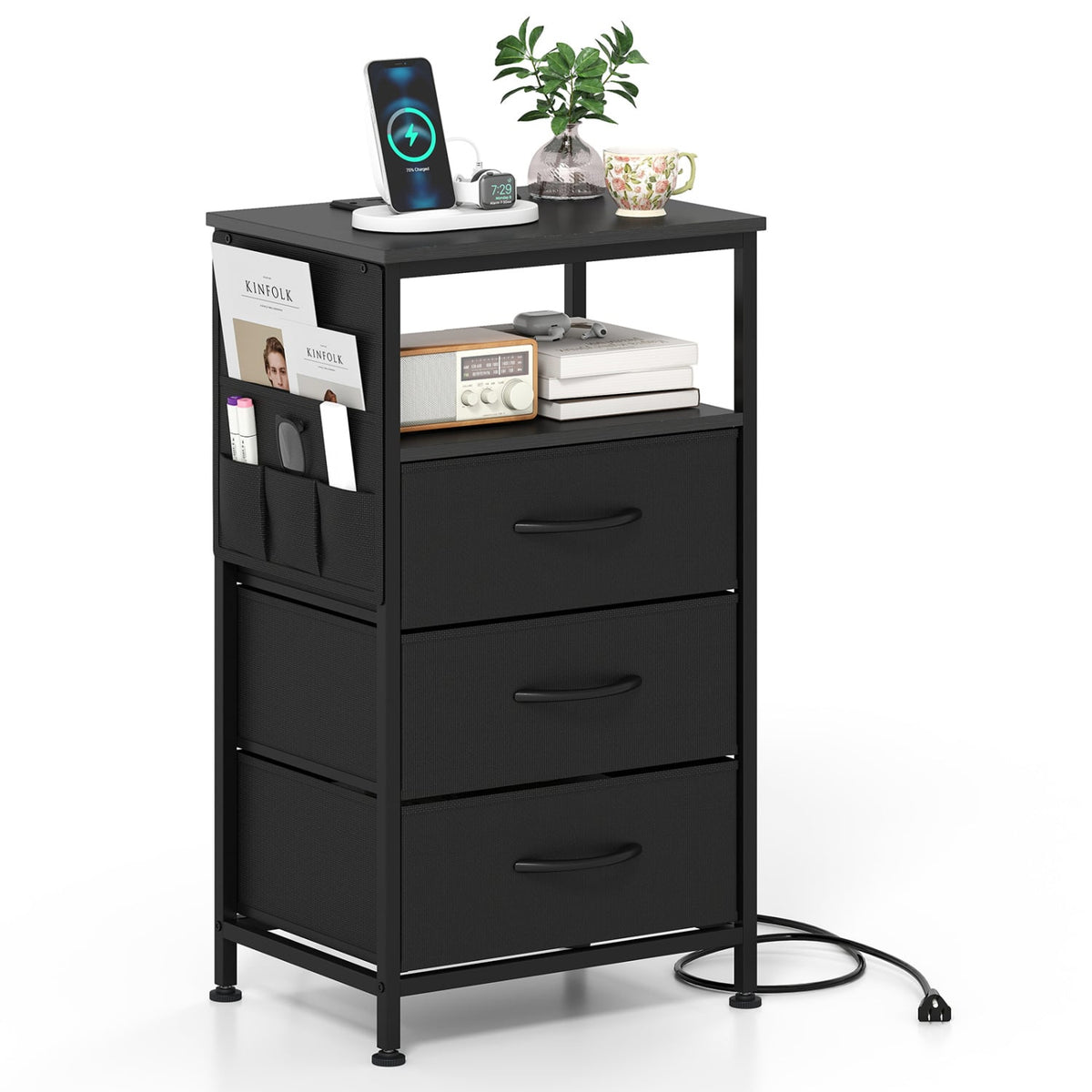Nightstand with Charging Station 27.5 inch Modern Bedside Table with 3 Fabric Drawers-Black-Nightstands-DECOROLALA