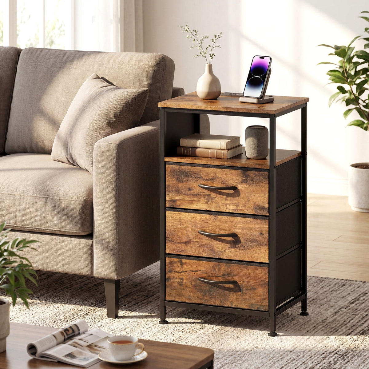 Nightstand with Charging Station 27.5 inch Modern Bedside Table with 3 Fabric Drawers-Rustic Brown-Nightstands-DECOROLALA