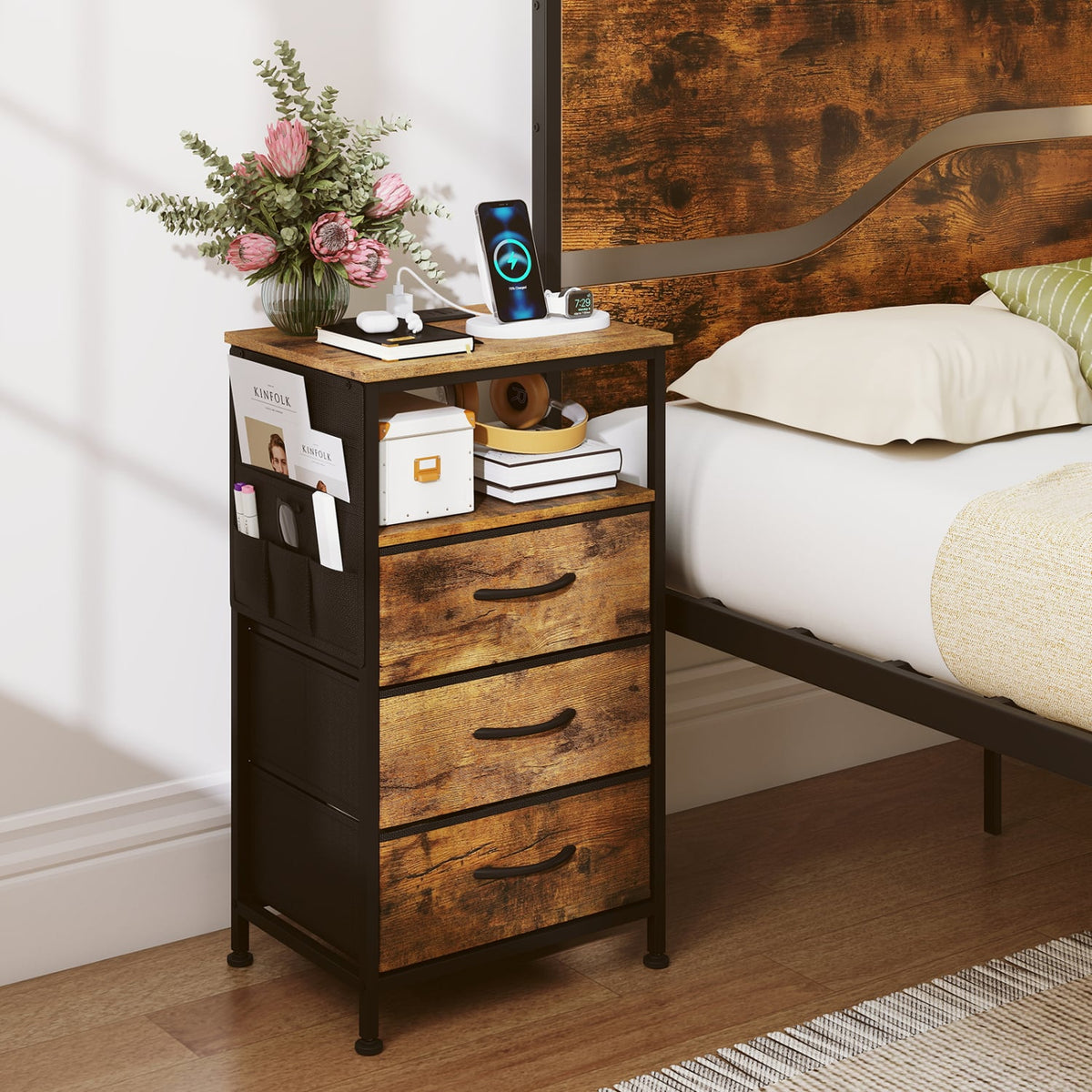 Nightstand with Charging Station 27.5 inch Modern Bedside Table with 3 Fabric Drawers-Rustic Brown-Nightstands-DECOROLALA