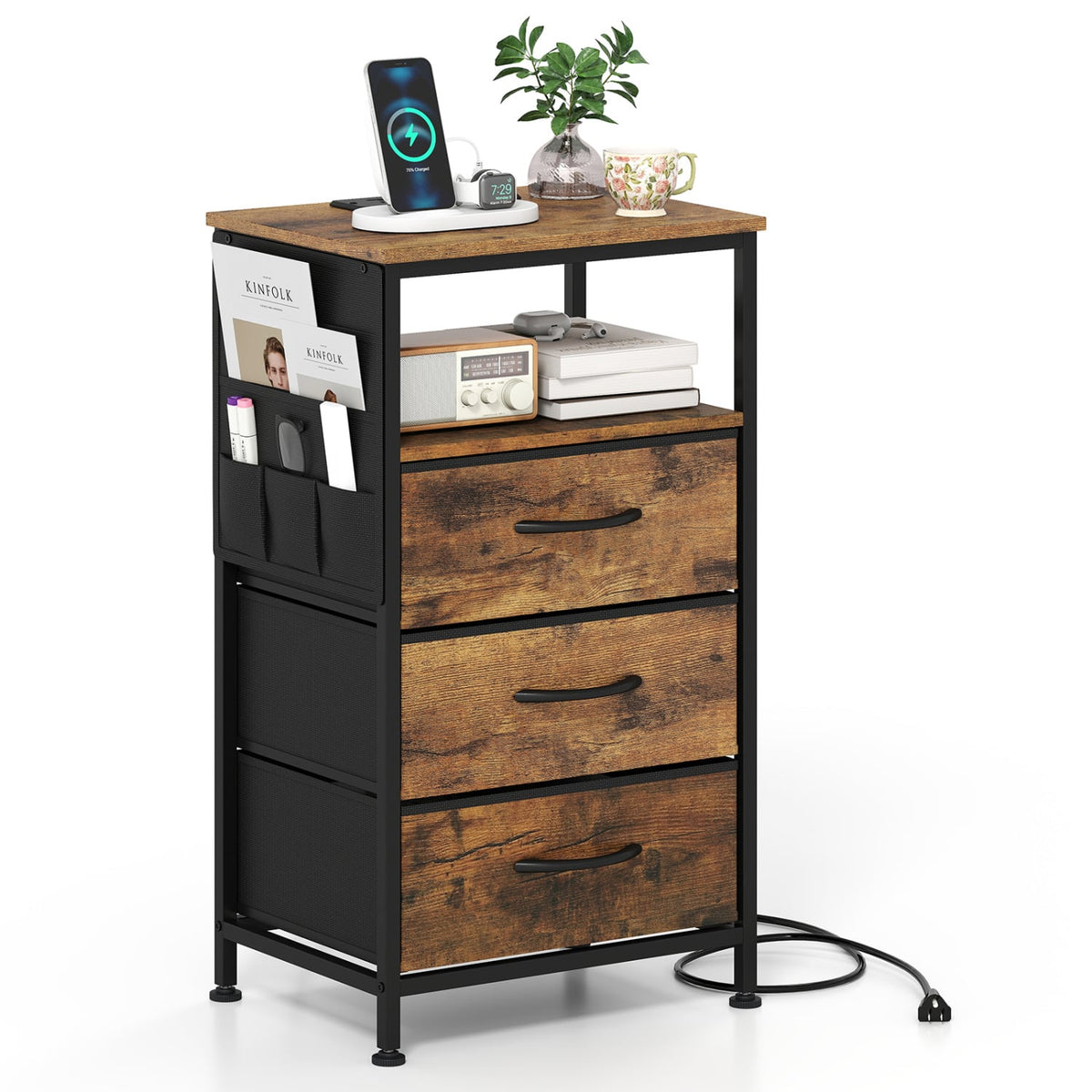 Nightstand with Charging Station 27.5 inch Modern Bedside Table with 3 Fabric Drawers-Rustic Brown-Nightstands-DECOROLALA