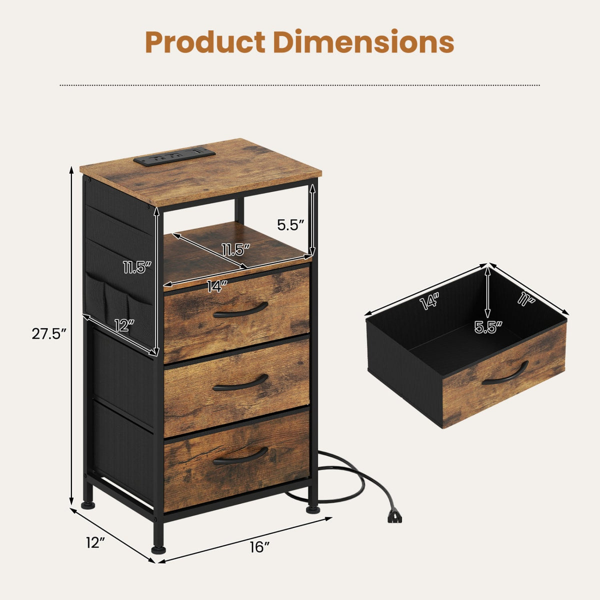 Nightstand with Charging Station 27.5 inch Modern Bedside Table with 3 Fabric Drawers-Rustic Brown-Nightstands-DECOROLALA