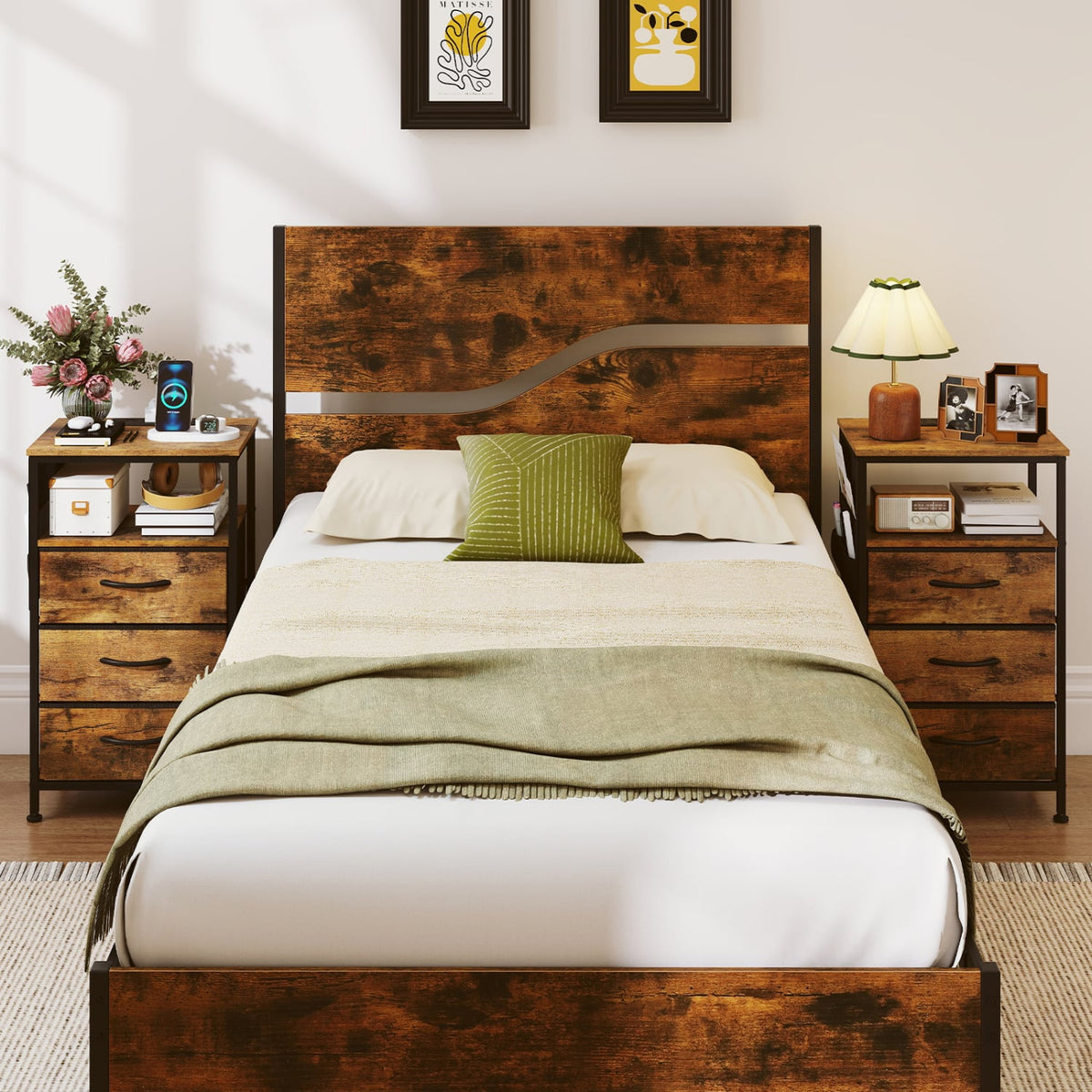 Nightstand with Charging Station 27.5 inch Modern Bedside Table with 3 Fabric Drawers-Rustic Brown-Nightstands-DECOROLALA
