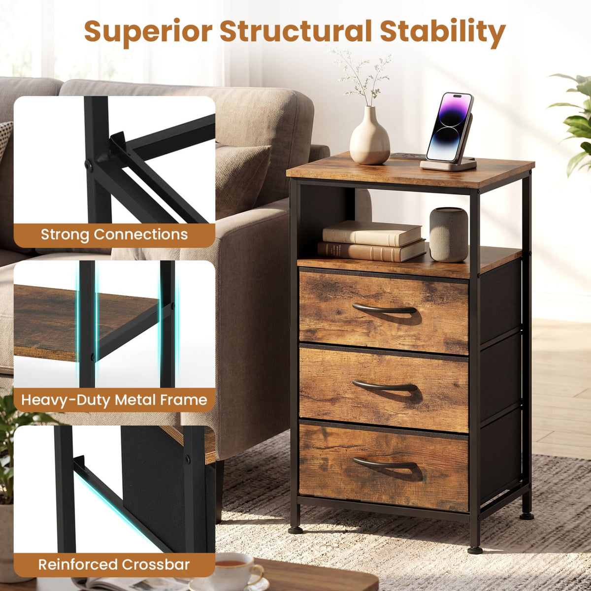 Nightstand with Charging Station 27.5 inch Modern Bedside Table with 3 Fabric Drawers-Rustic Brown-Nightstands-DECOROLALA