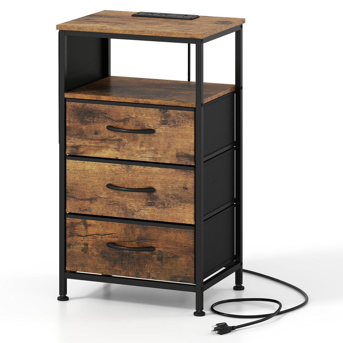 Nightstand with Charging Station 27.5 inch Modern Bedside Table with 3 Fabric Drawers-Rustic Brown-Nightstands-DECOROLALA