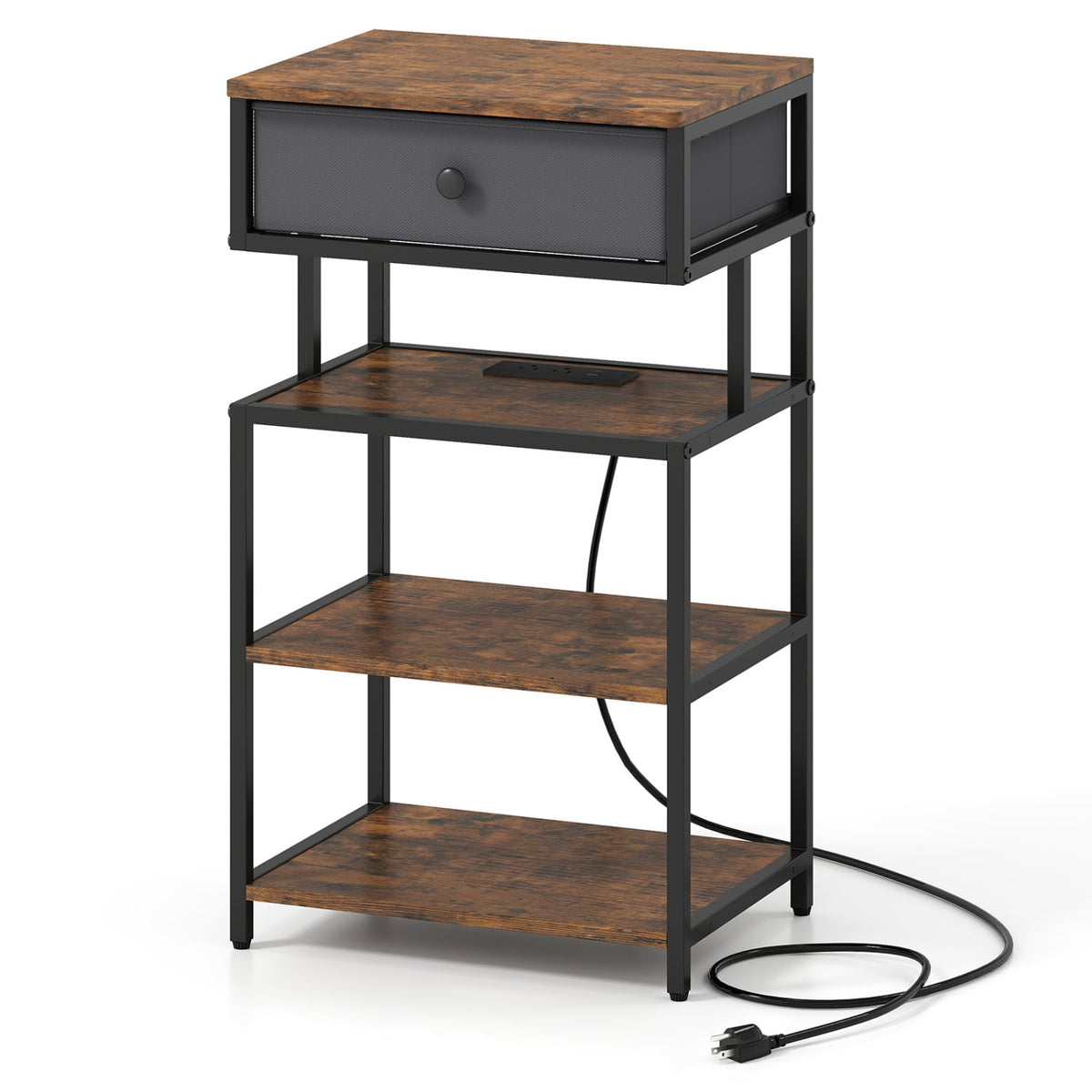 Nightstand with Charging Station 28 Inch Tall Bedside Table with Fabric Drawer-Rustic Brown-Nightstands-DECOROLALA