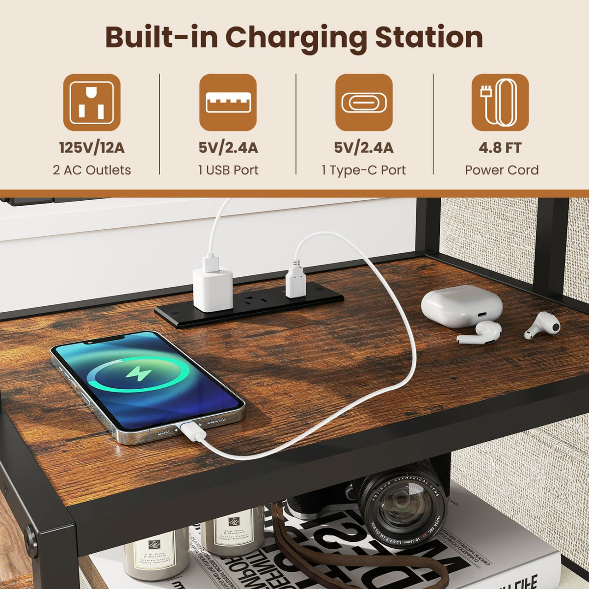 Nightstand with Charging Station 28 Inch Tall Bedside Table with Fabric Drawer-Rustic Brown-Nightstands-DECOROLALA