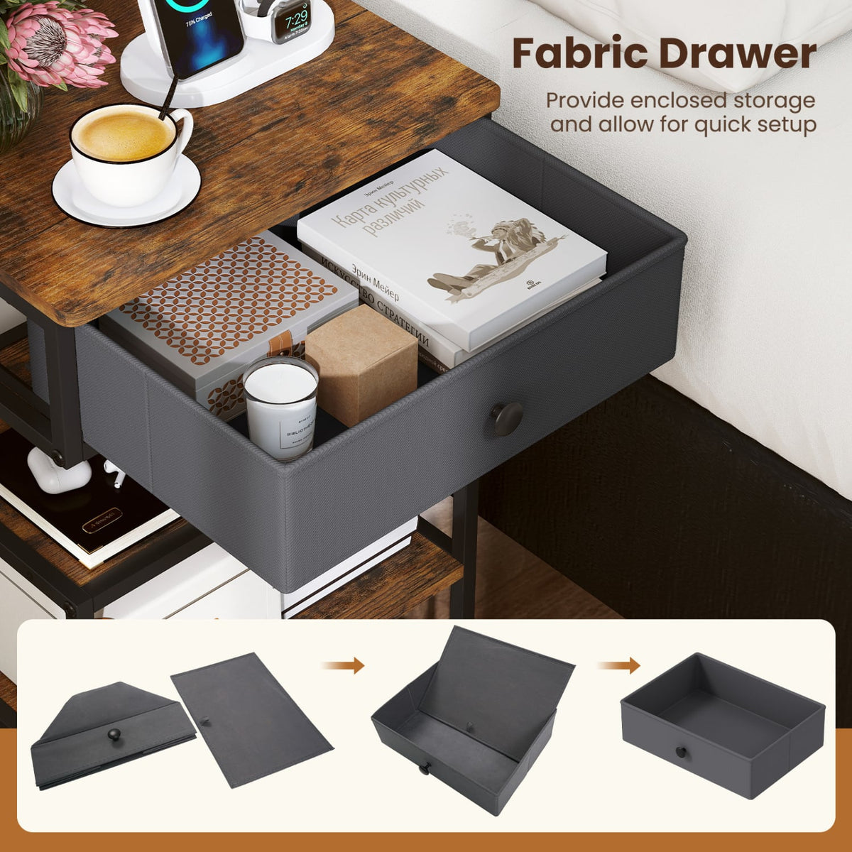 Nightstand with Charging Station 28 Inch Tall Bedside Table with Fabric Drawer-Rustic Brown-Nightstands-DECOROLALA