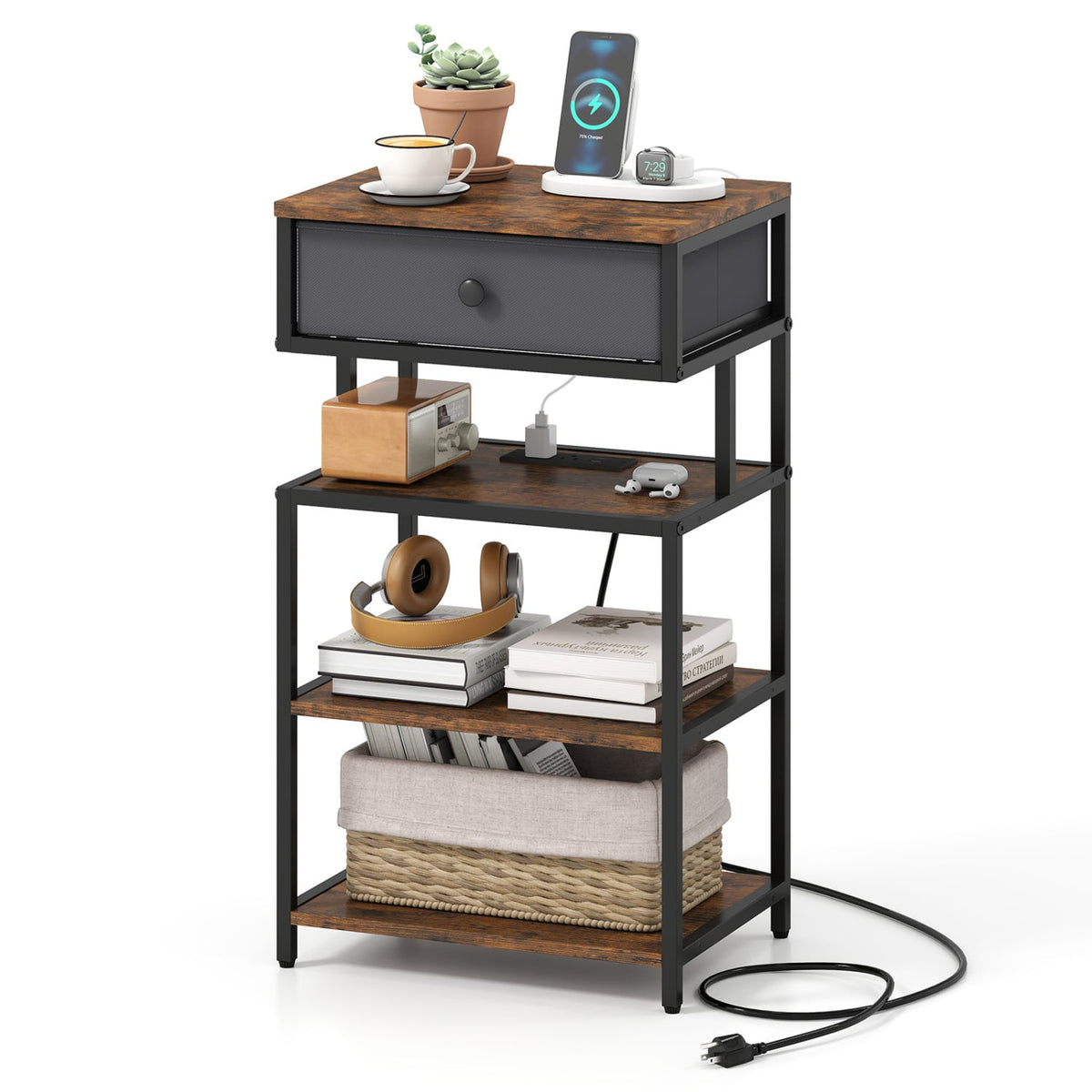Nightstand with Charging Station 28 Inch Tall Bedside Table with Fabric Drawer-Rustic Brown-Nightstands-DECOROLALA