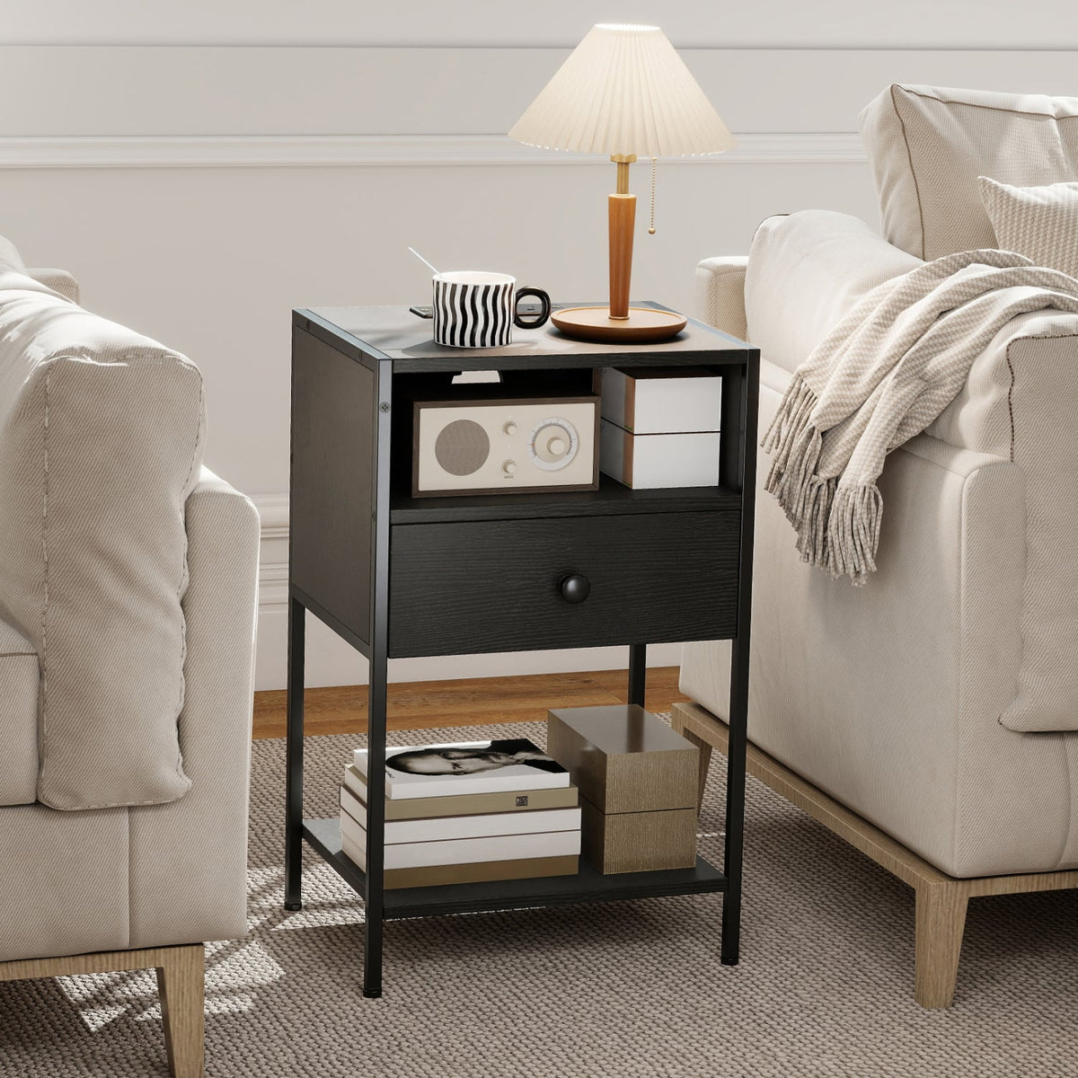 Nightstand with Charging Station Bedside Table with USB Ports and Outlets-Black-Nightstands-DECOROLALA