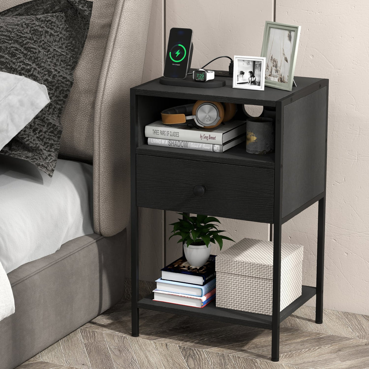 Nightstand with Charging Station Bedside Table with USB Ports and Outlets-Black-Nightstands-DECOROLALA