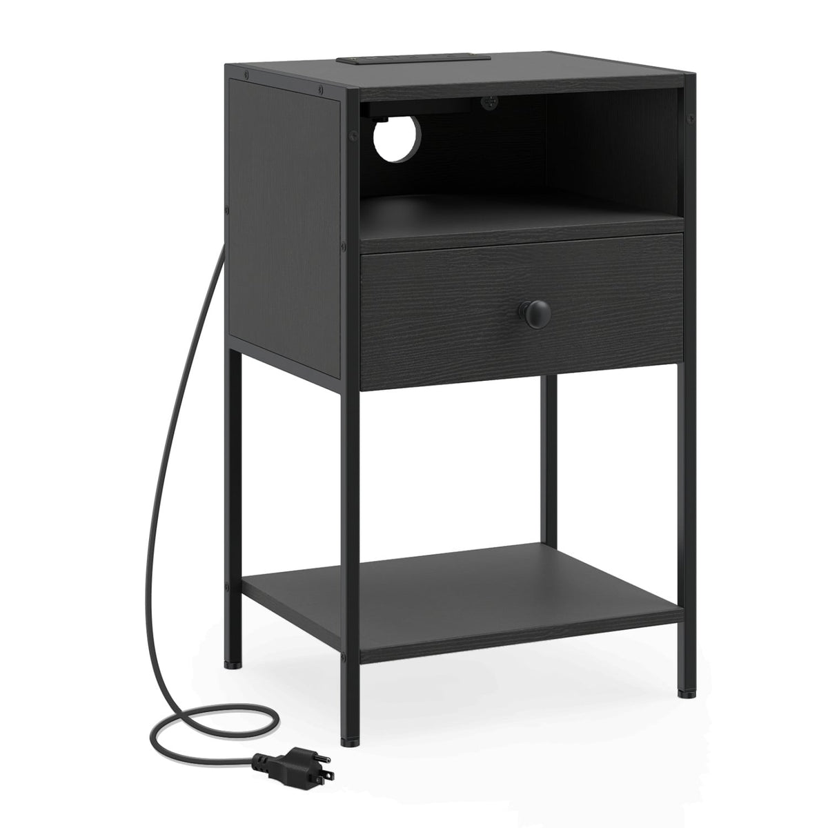 Nightstand with Charging Station Bedside Table with USB Ports and Outlets-Black-Nightstands-DECOROLALA
