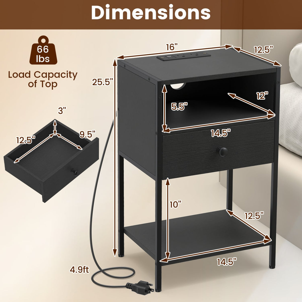Nightstand with Charging Station Bedside Table with USB Ports and Outlets-Black-Nightstands-DECOROLALA