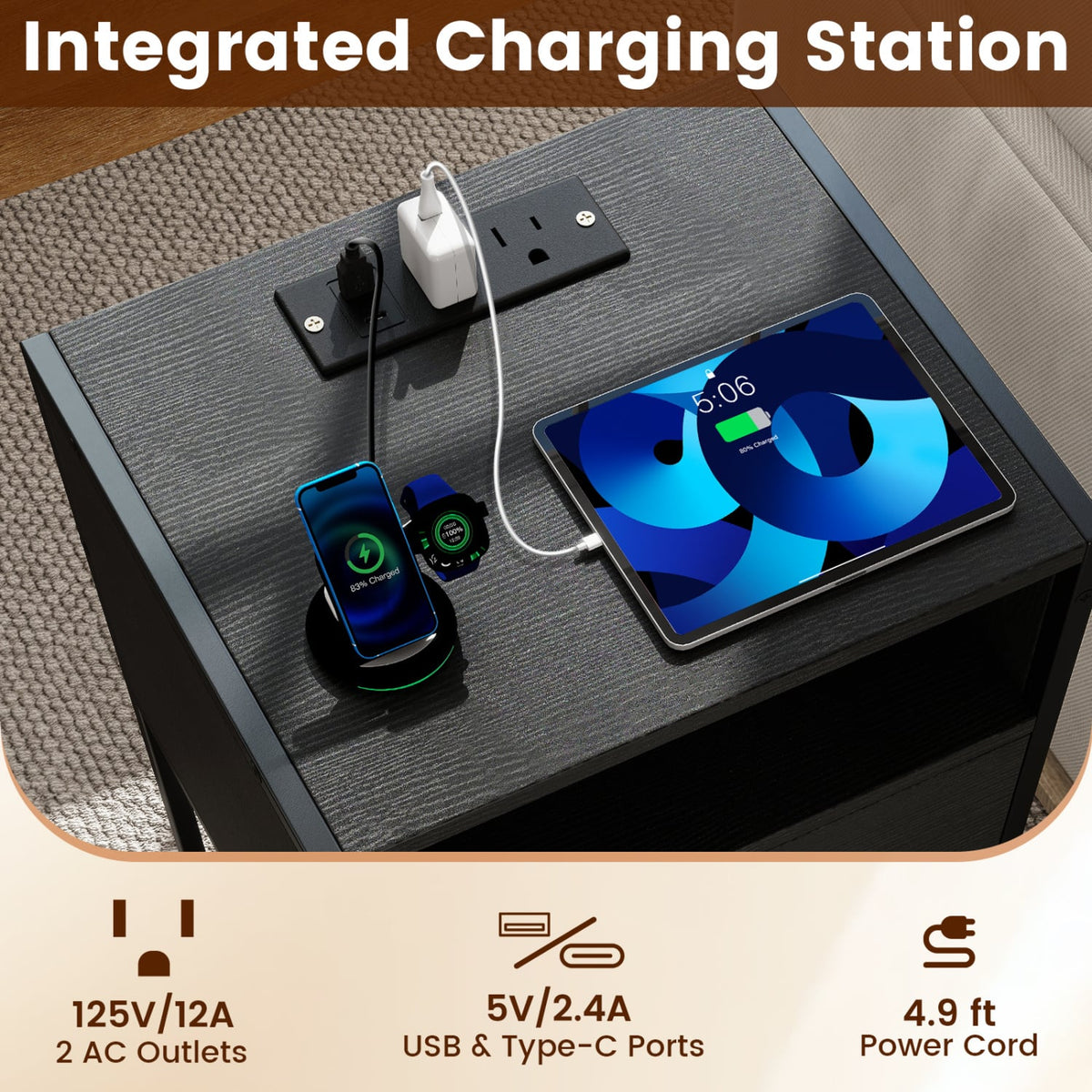 Nightstand with Charging Station Bedside Table with USB Ports and Outlets-Black-Nightstands-DECOROLALA