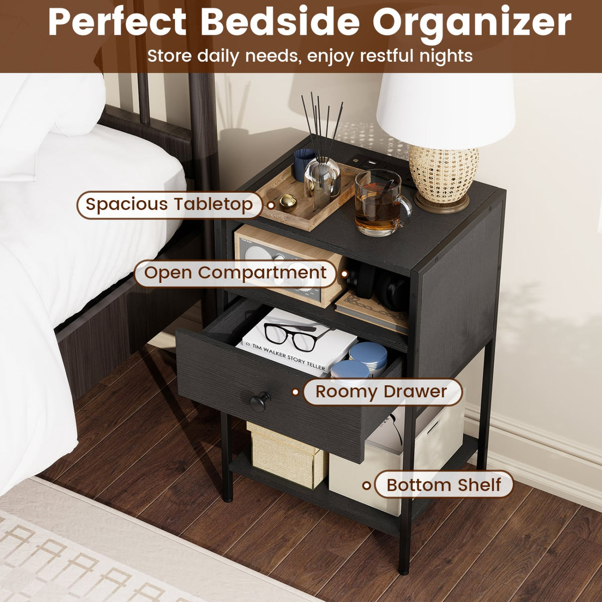Nightstand with Charging Station Bedside Table with USB Ports and Outlets-Black-Nightstands-DECOROLALA