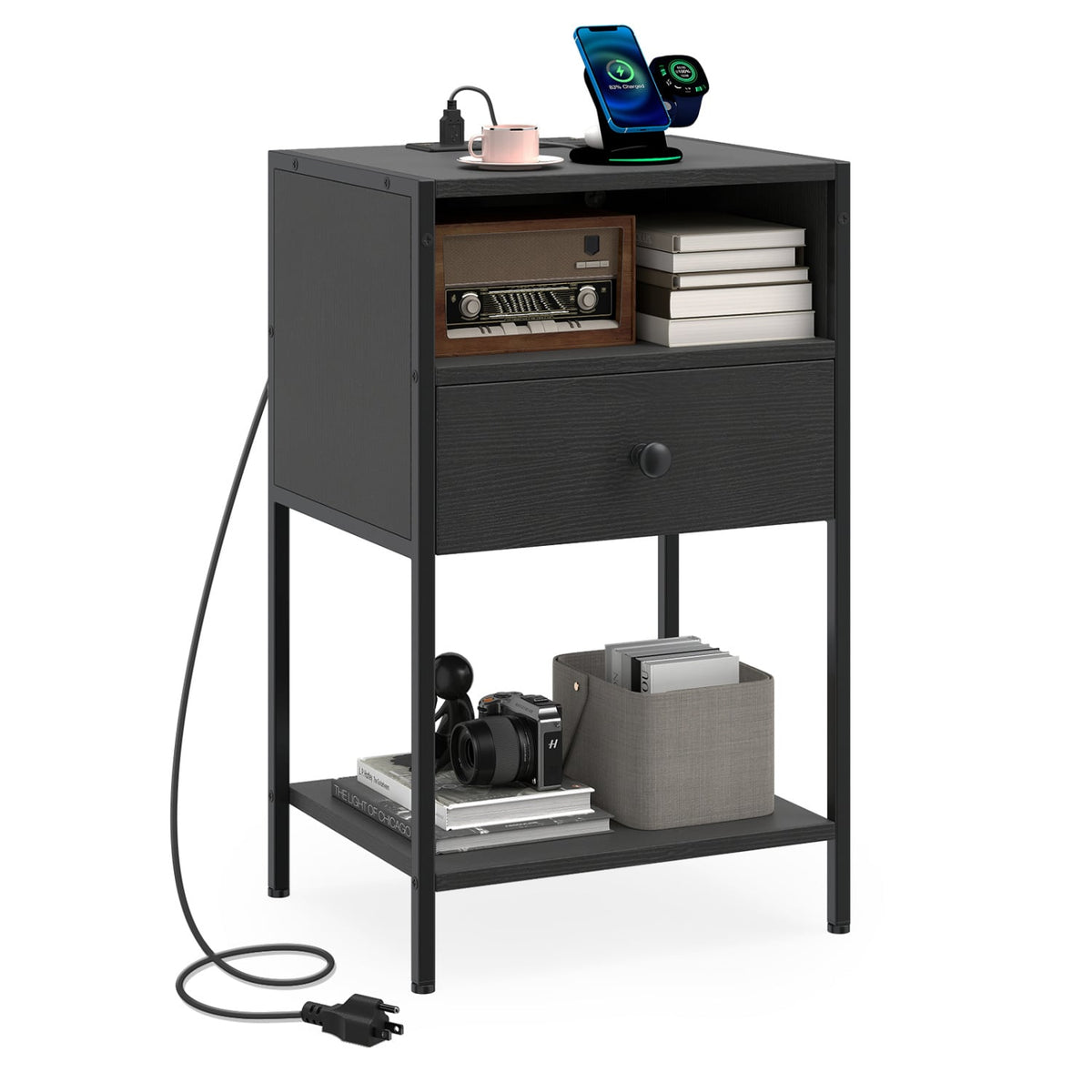 Nightstand with Charging Station Bedside Table with USB Ports and Outlets-Black-Nightstands-DECOROLALA