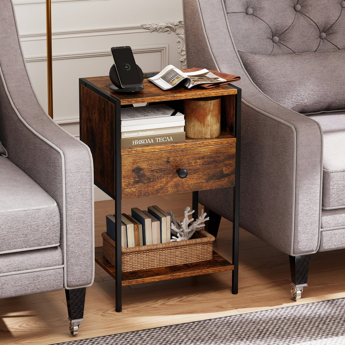 Nightstand with Charging Station Bedside Table with USB Ports and Outlets-Rustic Brown-Nightstands-DECOROLALA