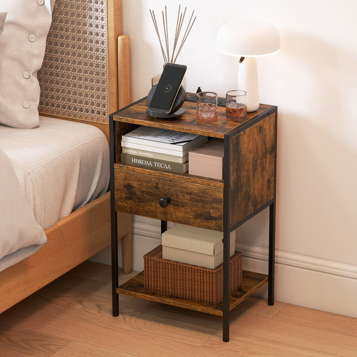 Nightstand with Charging Station Bedside Table with USB Ports and Outlets-Rustic Brown-Nightstands-DECOROLALA