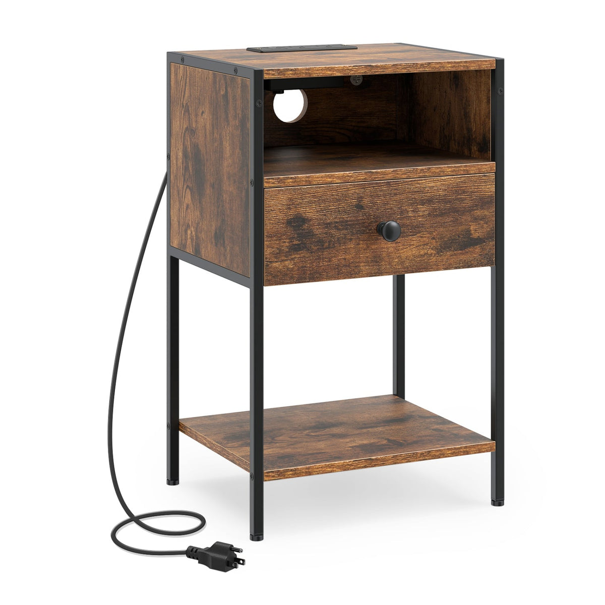 Nightstand with Charging Station Bedside Table with USB Ports and Outlets-Rustic Brown-Nightstands-DECOROLALA