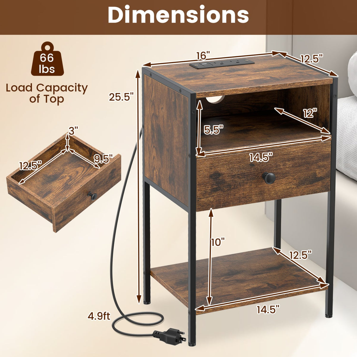 Nightstand with Charging Station Bedside Table with USB Ports and Outlets-Rustic Brown-Nightstands-DECOROLALA
