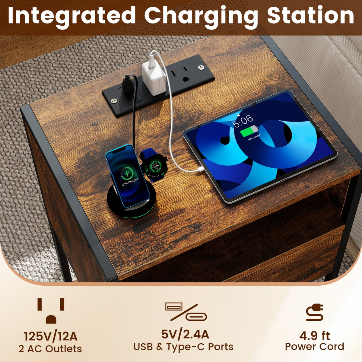 Nightstand with Charging Station Bedside Table with USB Ports and Outlets-Rustic Brown-Nightstands-DECOROLALA
