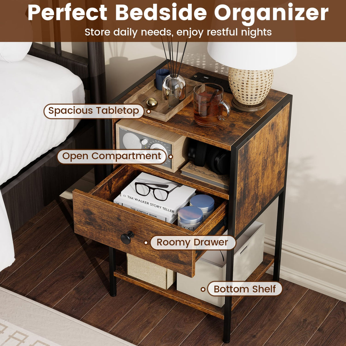 Nightstand with Charging Station Bedside Table with USB Ports and Outlets-Rustic Brown-Nightstands-DECOROLALA