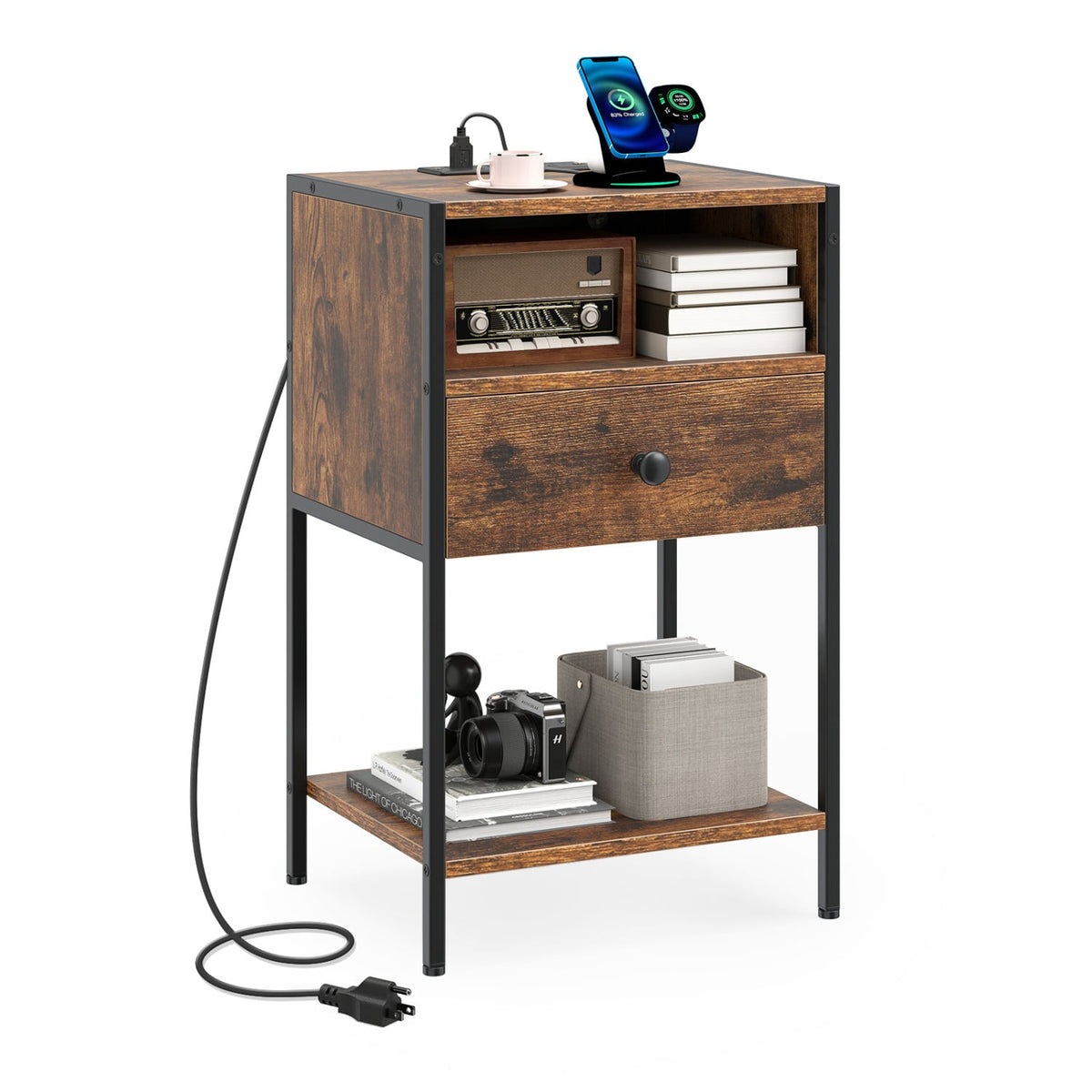Nightstand with Charging Station Bedside Table with USB Ports and Outlets-Rustic Brown-Nightstands-DECOROLALA