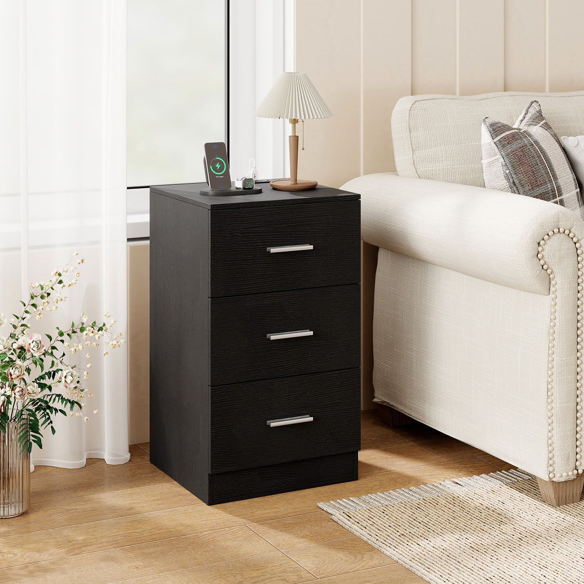 Nightstand with Charging Station End Table with 3 Storage Drawers Bedside Table for Bedroom-Black-Nightstands-DECOROLALA