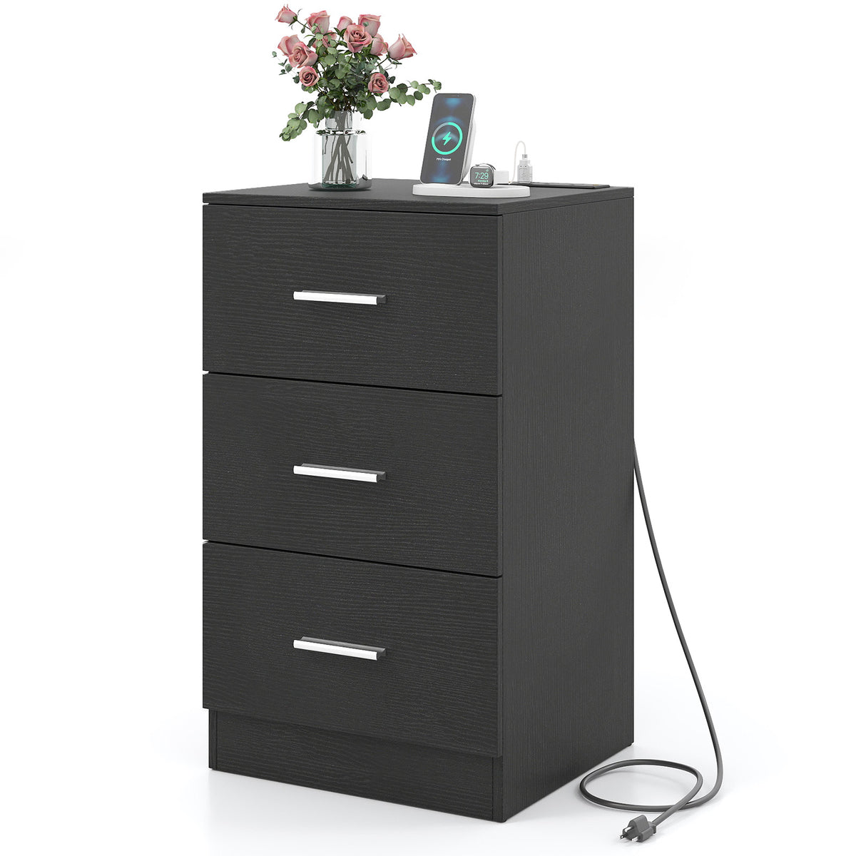 Nightstand with Charging Station End Table with 3 Storage Drawers Bedside Table for Bedroom-Black-Nightstands-DECOROLALA
