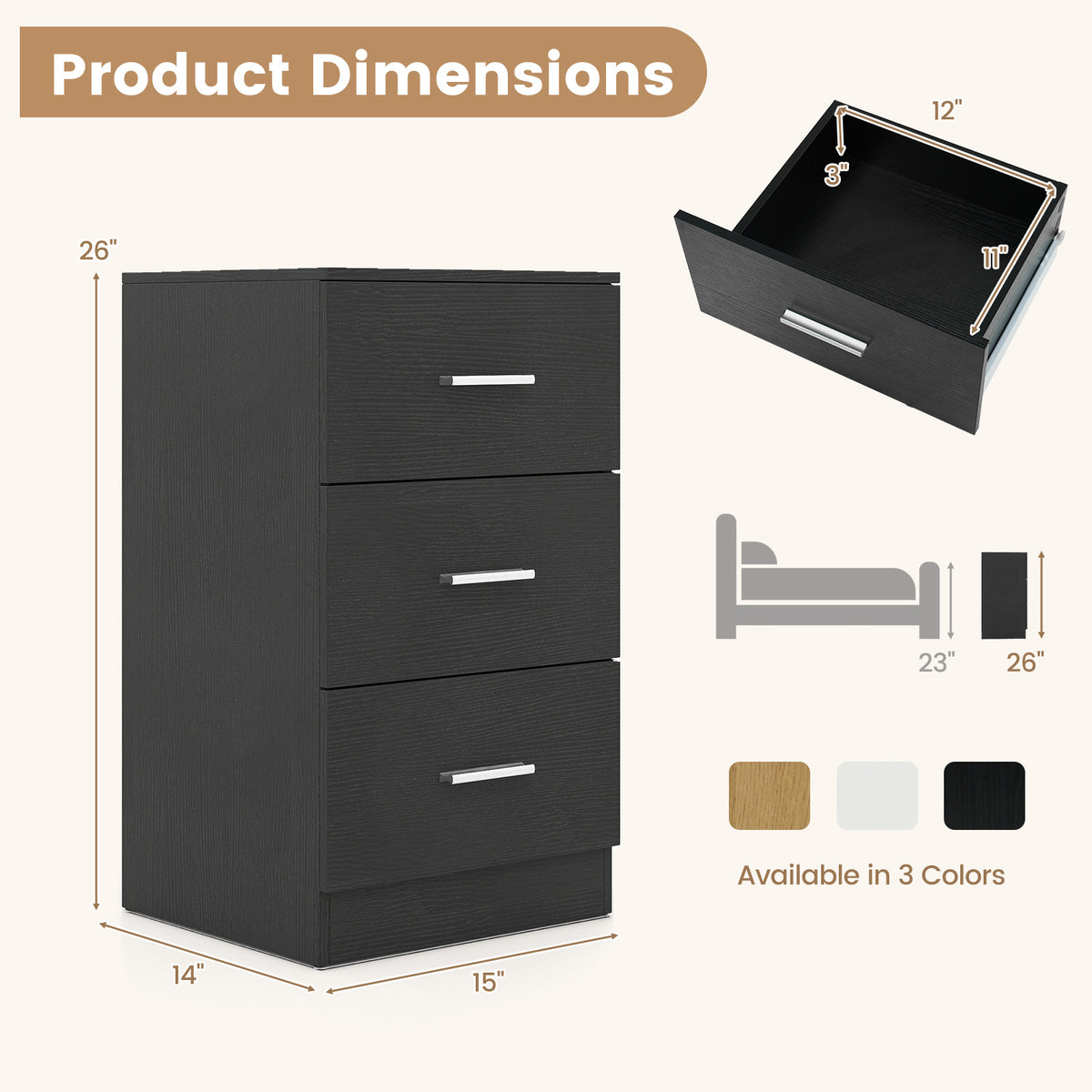 Nightstand with Charging Station End Table with 3 Storage Drawers Bedside Table for Bedroom-Black-Nightstands-DECOROLALA