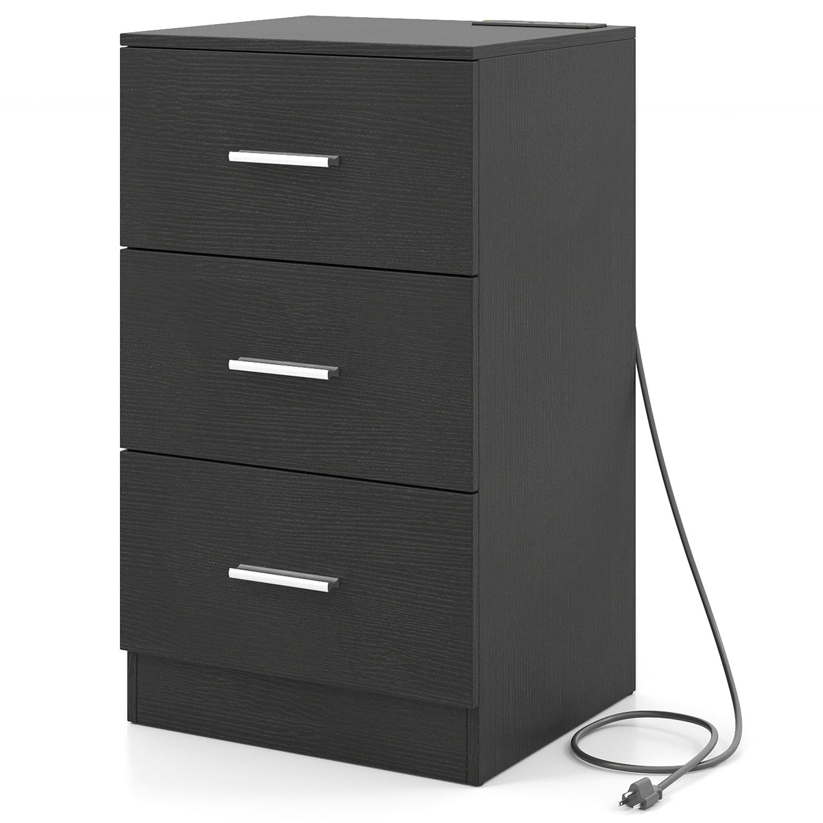 Nightstand with Charging Station End Table with 3 Storage Drawers Bedside Table for Bedroom-Black-Nightstands-DECOROLALA