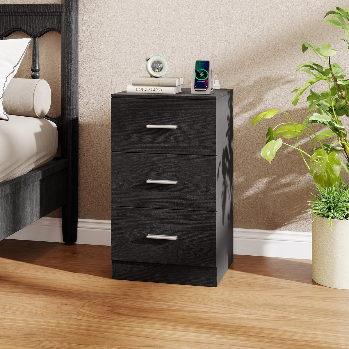 Nightstand with Charging Station End Table with 3 Storage Drawers Bedside Table for Bedroom-Black-Nightstands-DECOROLALA