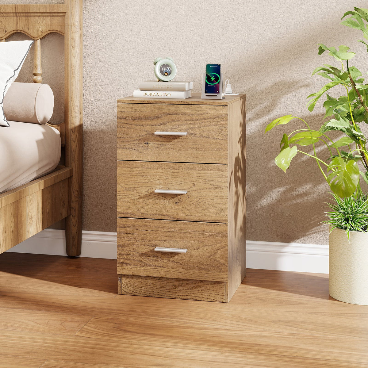Nightstand with Charging Station End Table with 3 Storage Drawers Bedside Table for Bedroom-Natural-Nightstands-DECOROLALA