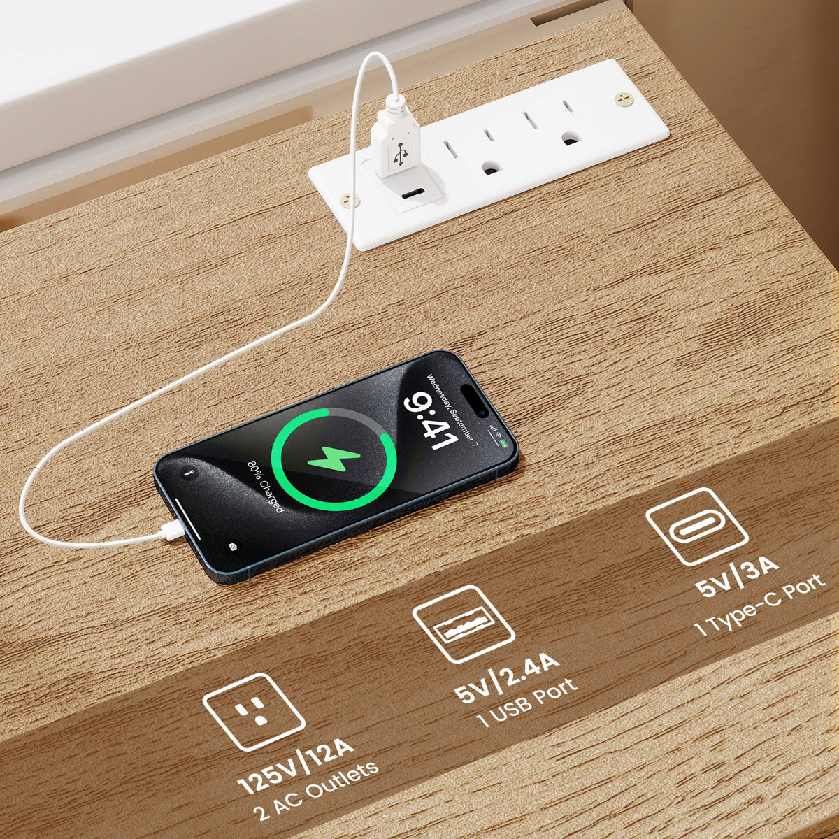 Nightstand with Charging Station End Table with 3 Storage Drawers Bedside Table for Bedroom-Natural-Nightstands-DECOROLALA