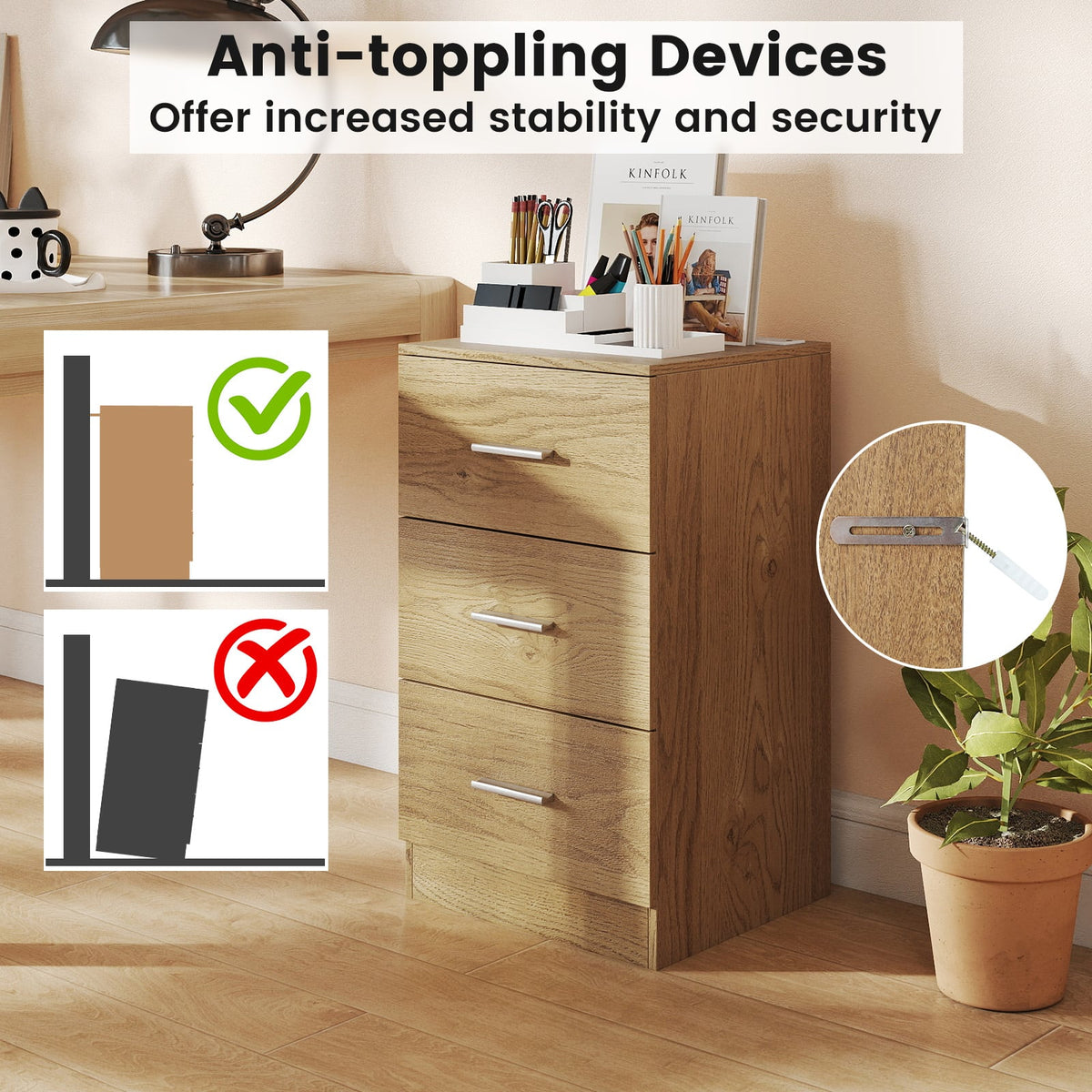 Nightstand with Charging Station End Table with 3 Storage Drawers Bedside Table for Bedroom-Natural-Nightstands-DECOROLALA