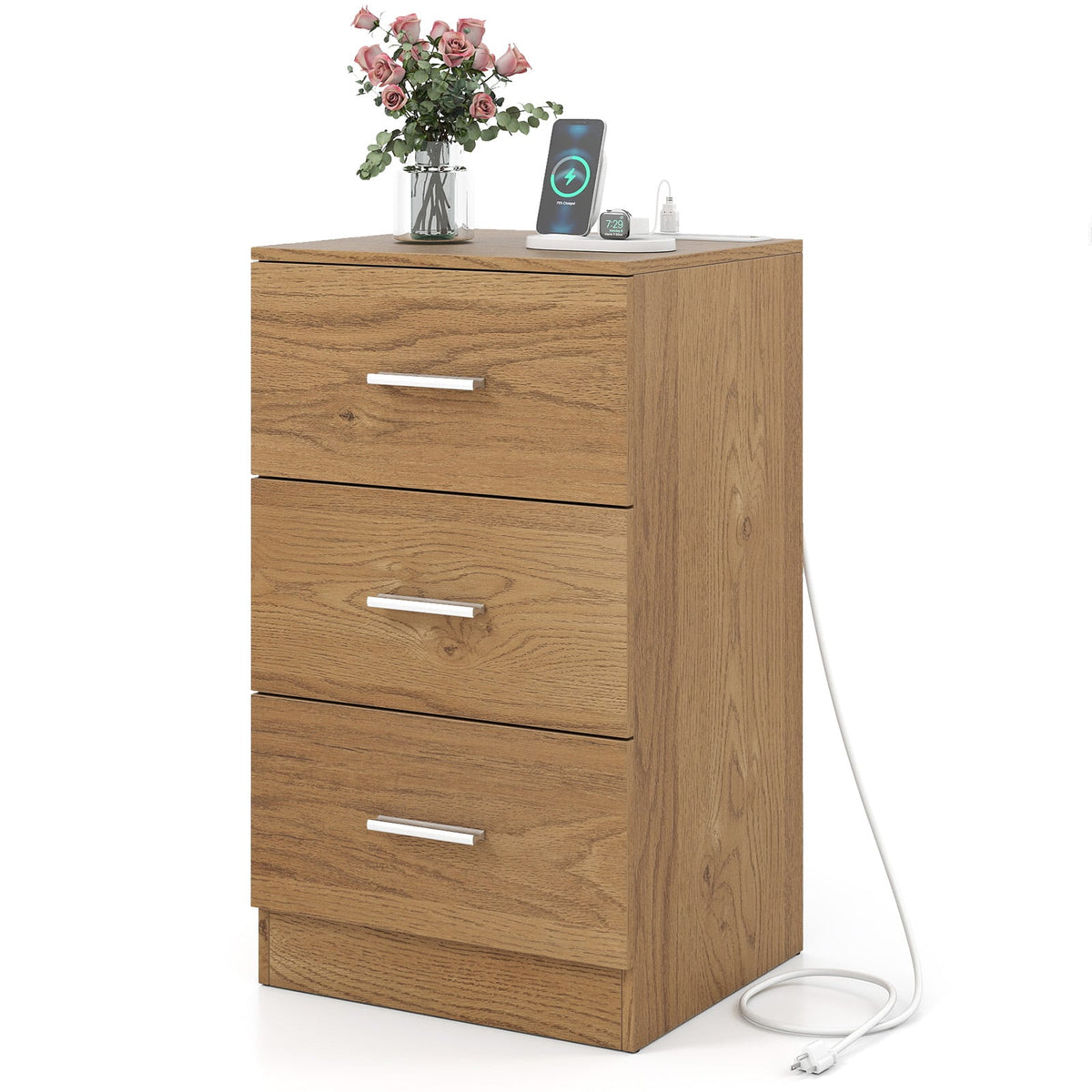 Nightstand with Charging Station End Table with 3 Storage Drawers Bedside Table for Bedroom-Natural-Nightstands-DECOROLALA