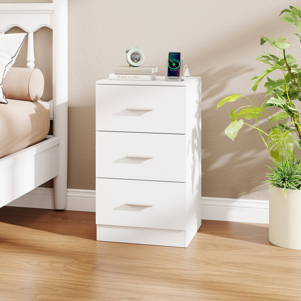 Nightstand with Charging Station End Table with 3 Storage Drawers Bedside Table for Bedroom-White-Nightstands-DECOROLALA