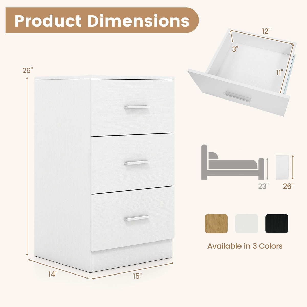 Nightstand with Charging Station End Table with 3 Storage Drawers Bedside Table for Bedroom-White-Nightstands-DECOROLALA