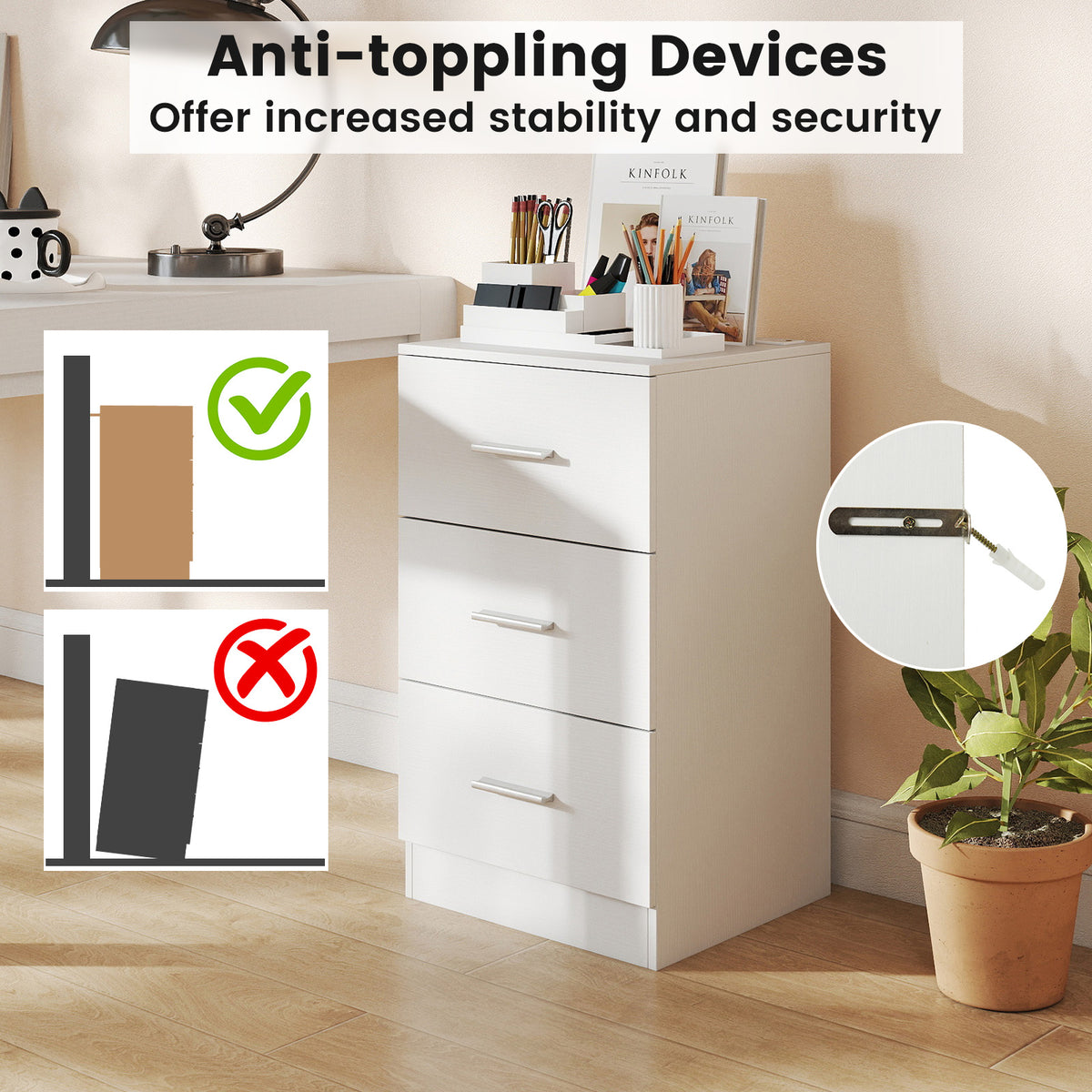 Nightstand with Charging Station End Table with 3 Storage Drawers Bedside Table for Bedroom-White-Nightstands-DECOROLALA