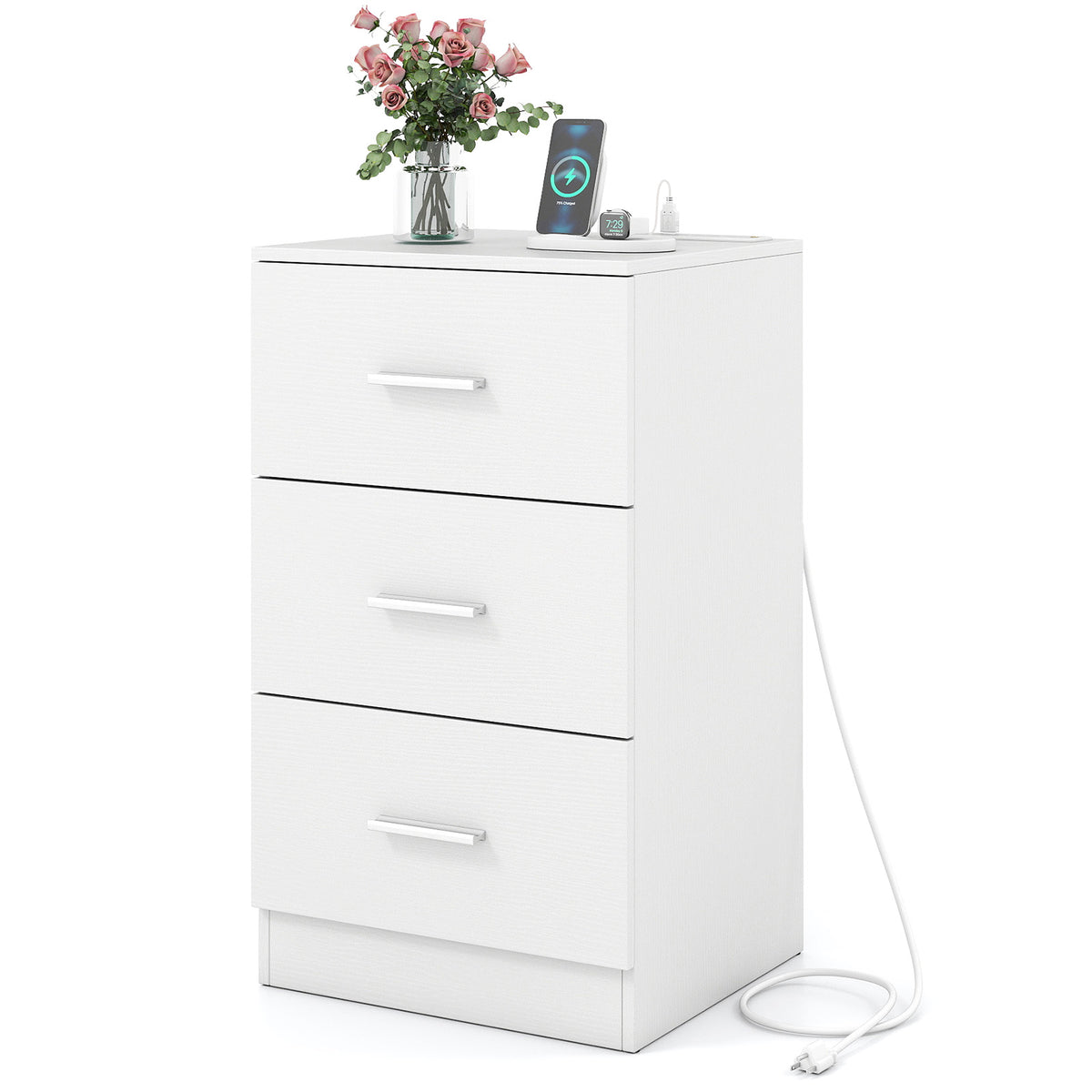 Nightstand with Charging Station End Table with 3 Storage Drawers Bedside Table for Bedroom-White-Nightstands-DECOROLALA