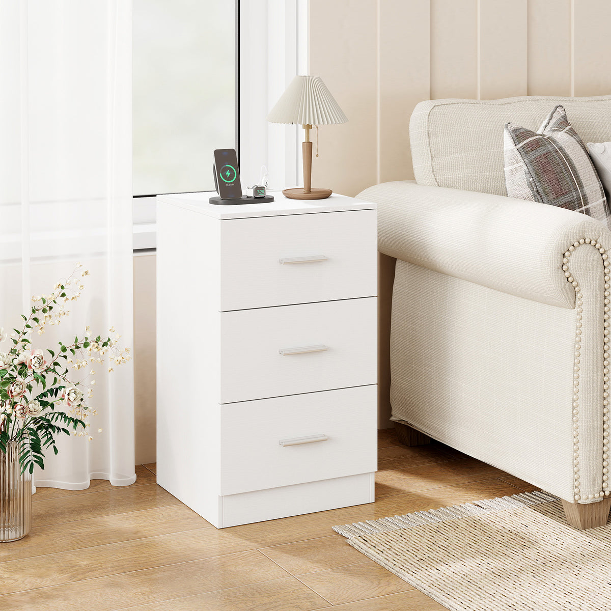 Nightstand with Charging Station End Table with 3 Storage Drawers Bedside Table for Bedroom-White-Nightstands-DECOROLALA