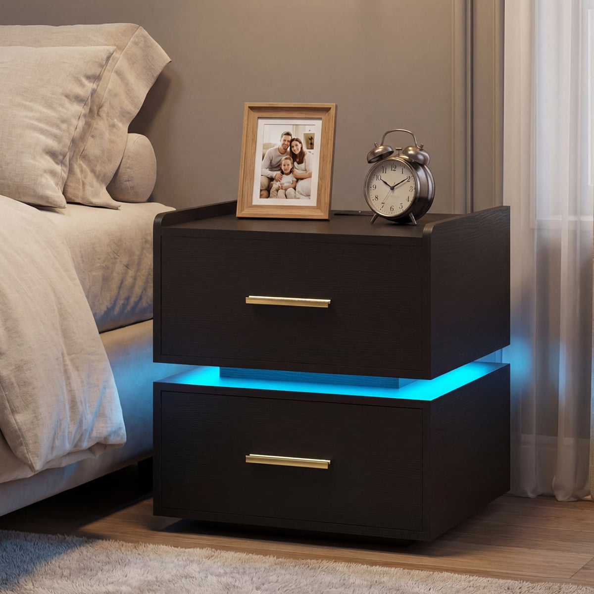Nightstand with Charging Station LED Bedside Table with 2 Storage Drawers-Black-Nightstands-DECOROLALA