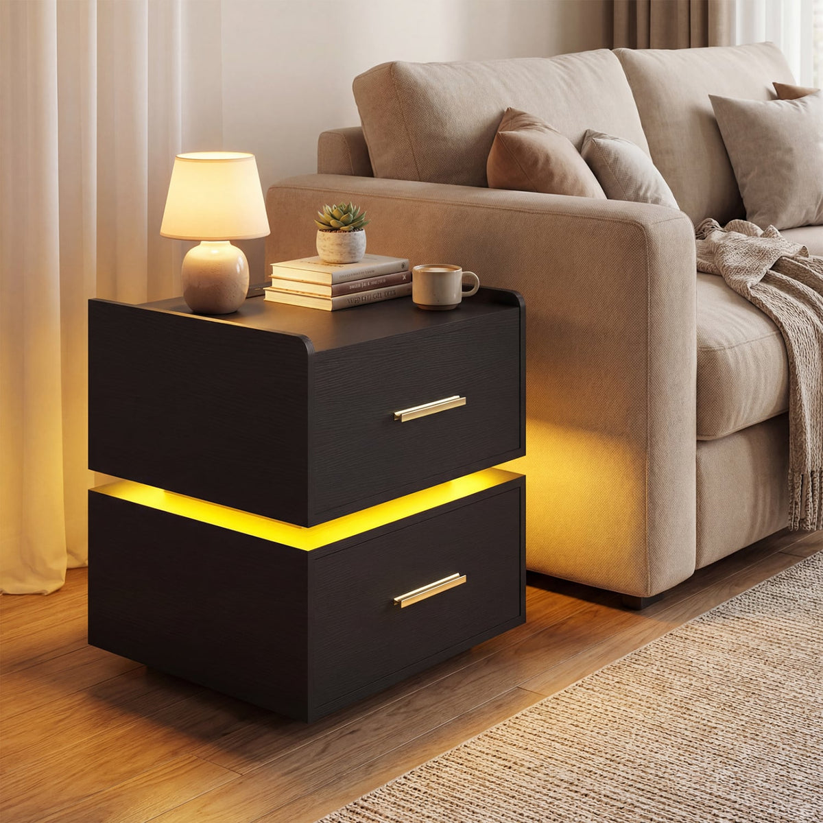 Nightstand with Charging Station LED Bedside Table with 2 Storage Drawers-Black-Nightstands-DECOROLALA