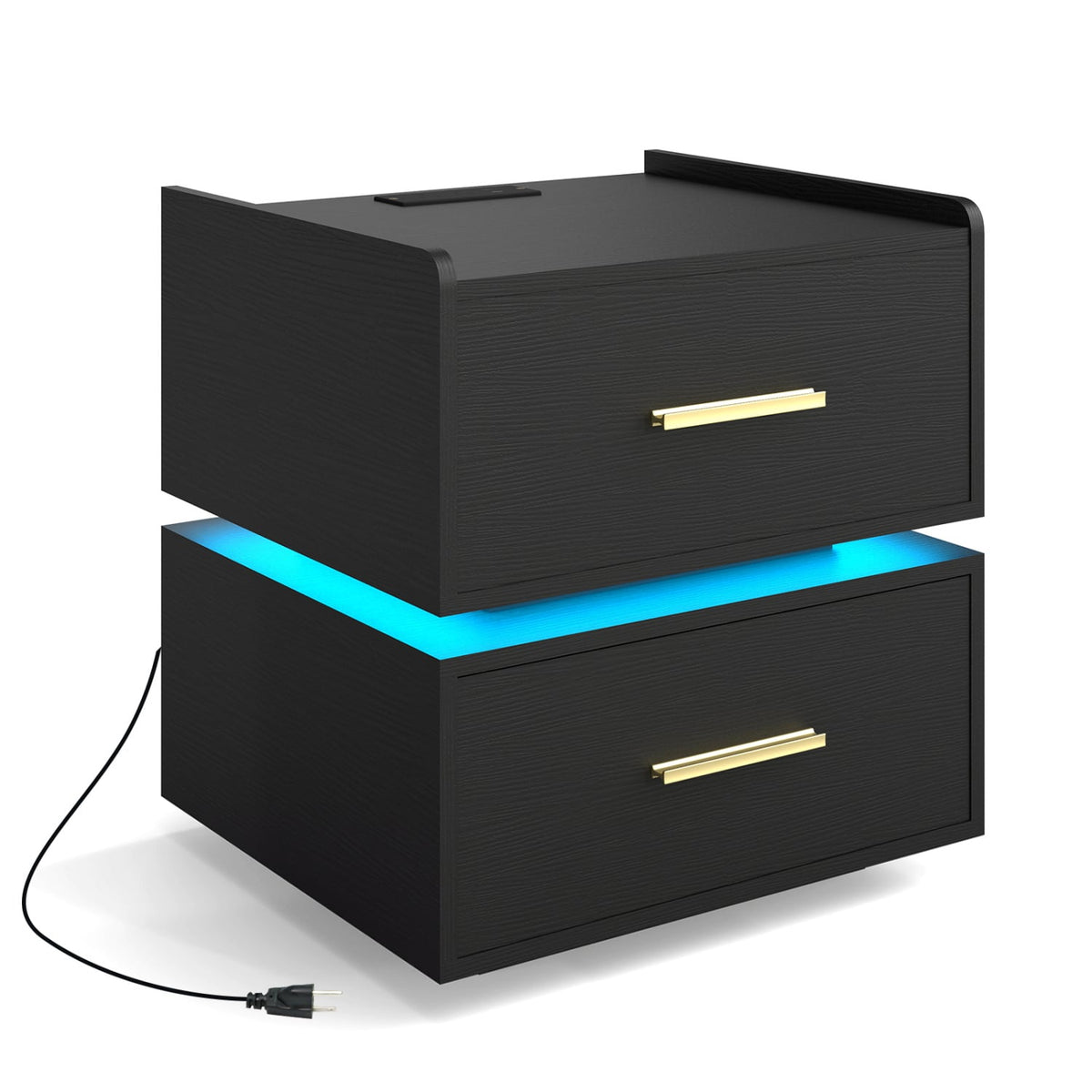 Nightstand with Charging Station LED Bedside Table with 2 Storage Drawers-Black-Nightstands-DECOROLALA