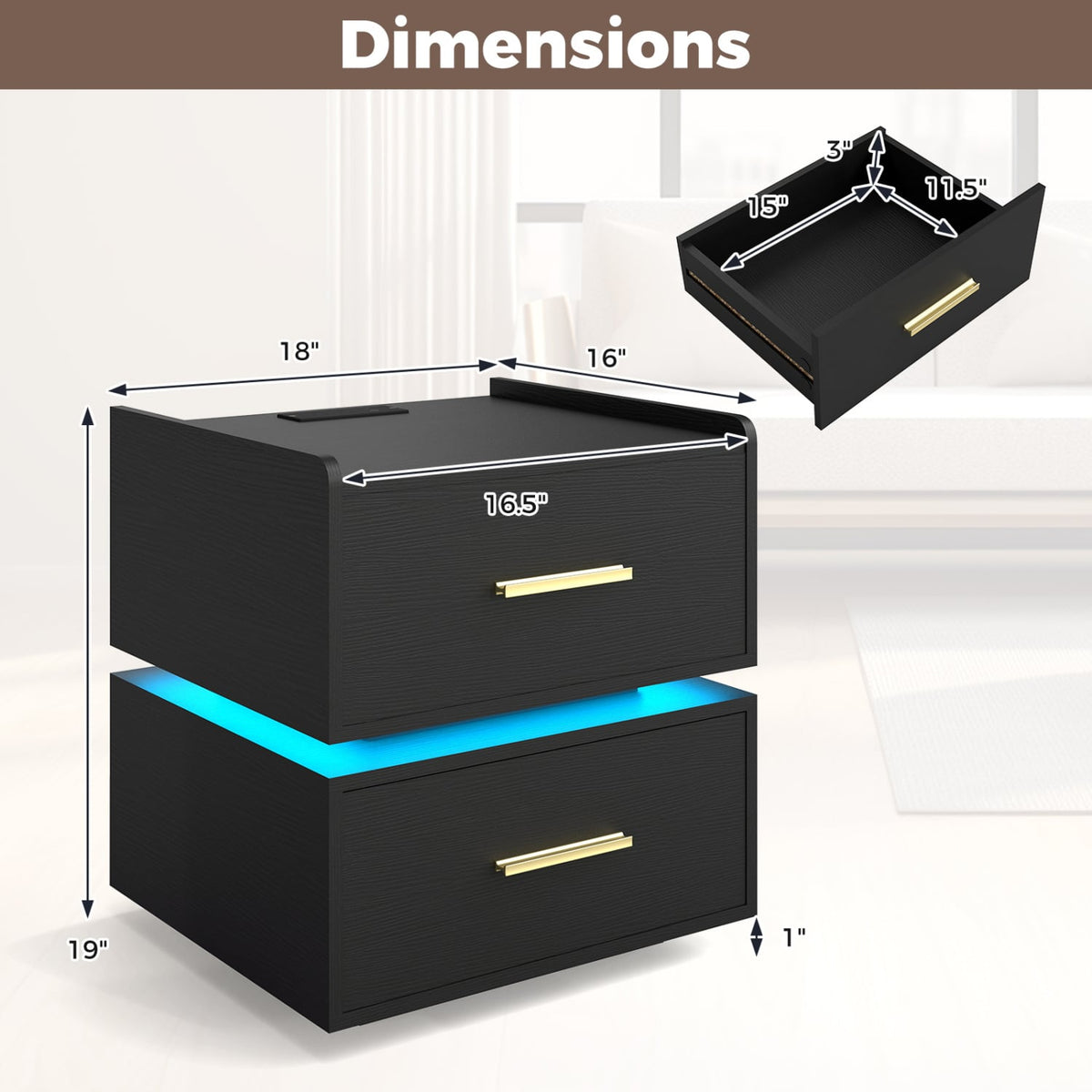 Nightstand with Charging Station LED Bedside Table with 2 Storage Drawers-Black-Nightstands-DECOROLALA