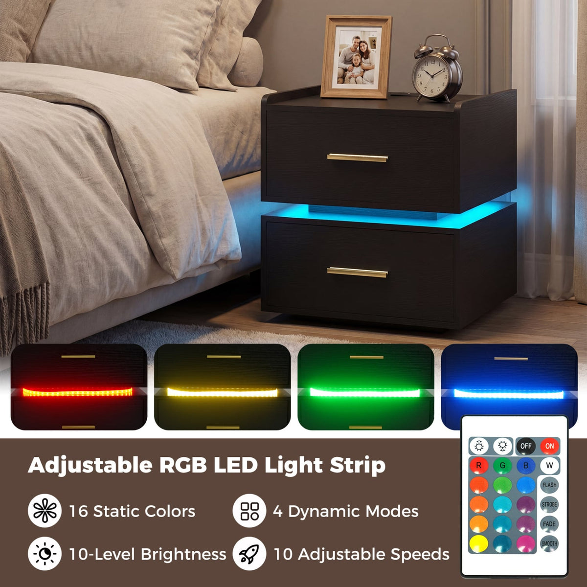 Nightstand with Charging Station LED Bedside Table with 2 Storage Drawers-Black-Nightstands-DECOROLALA