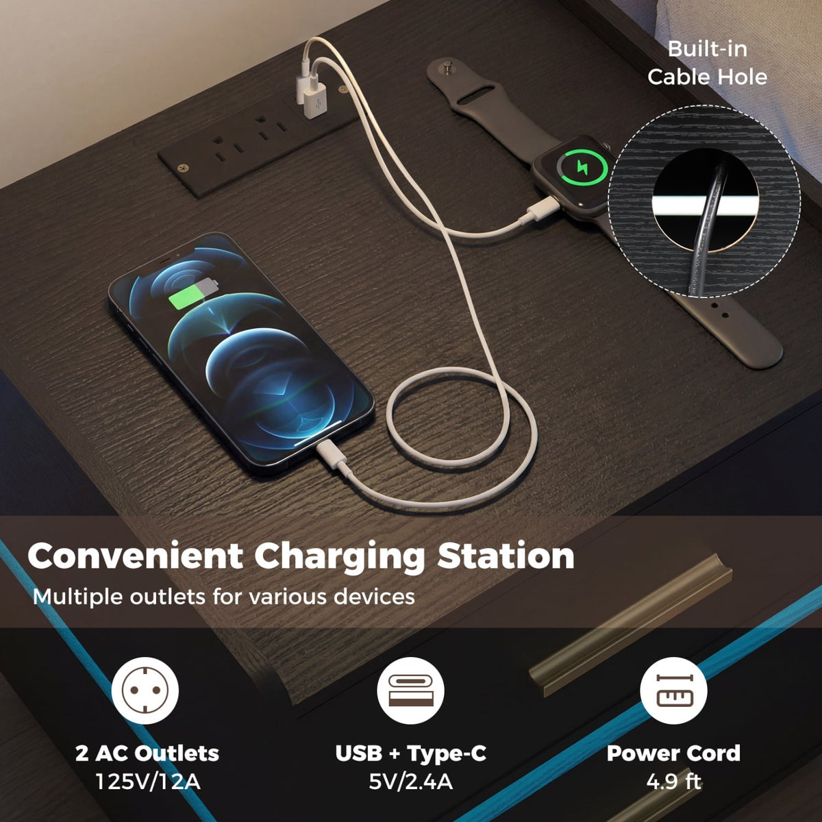 Nightstand with Charging Station LED Bedside Table with 2 Storage Drawers-Black-Nightstands-DECOROLALA