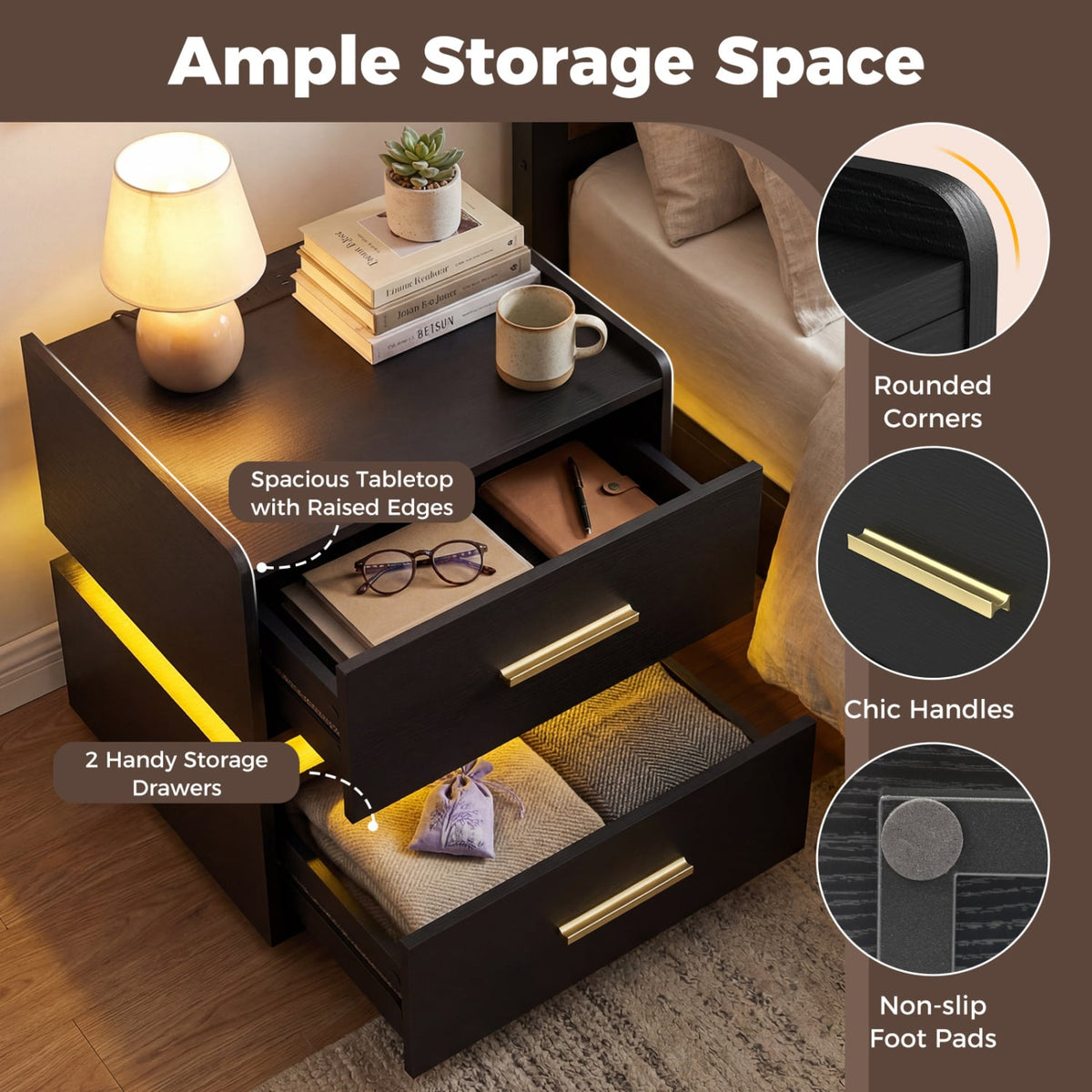 Nightstand with Charging Station LED Bedside Table with 2 Storage Drawers-Black-Nightstands-DECOROLALA