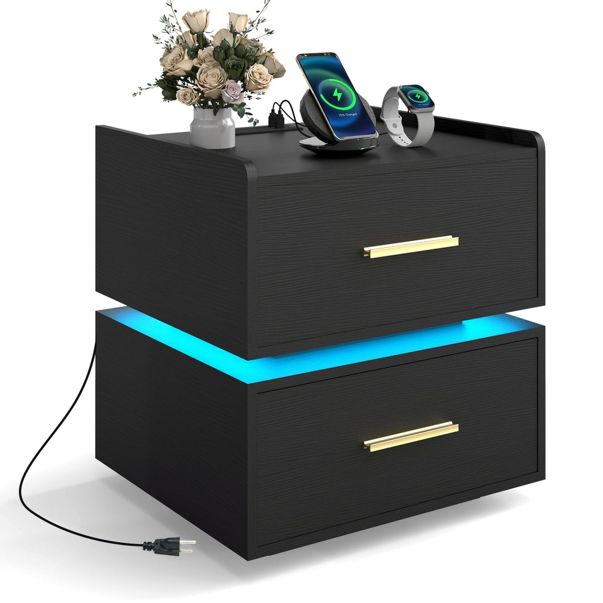 Nightstand with Charging Station LED Bedside Table with 2 Storage Drawers-Black-Nightstands-DECOROLALA
