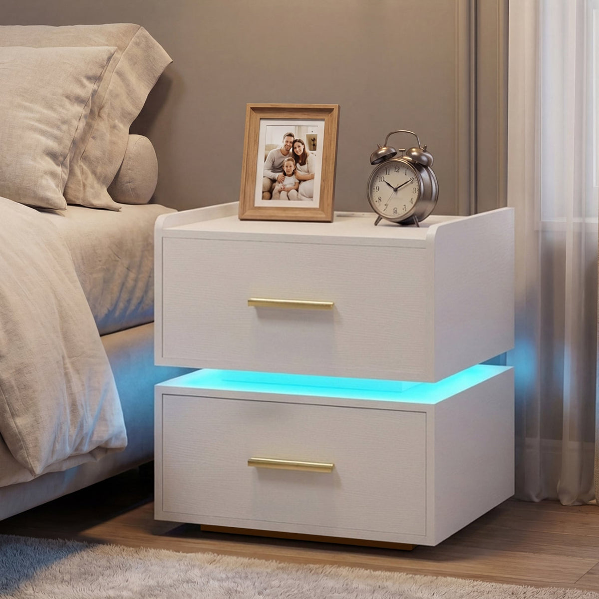 Nightstand with Charging Station LED Bedside Table with 2 Storage Drawers-White-Nightstands-DECOROLALA